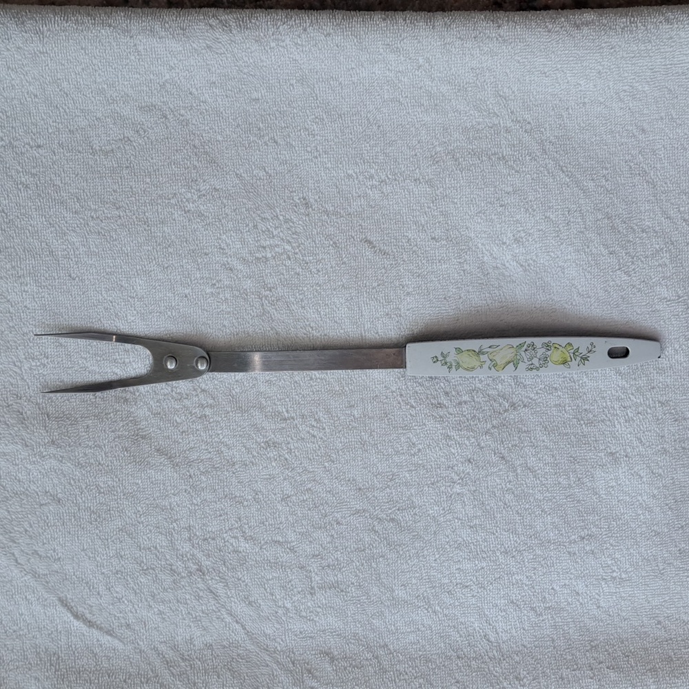 Vintage Stainless Steel 2 Tine Meat Fork Vegetable Desing Handle Mushroom